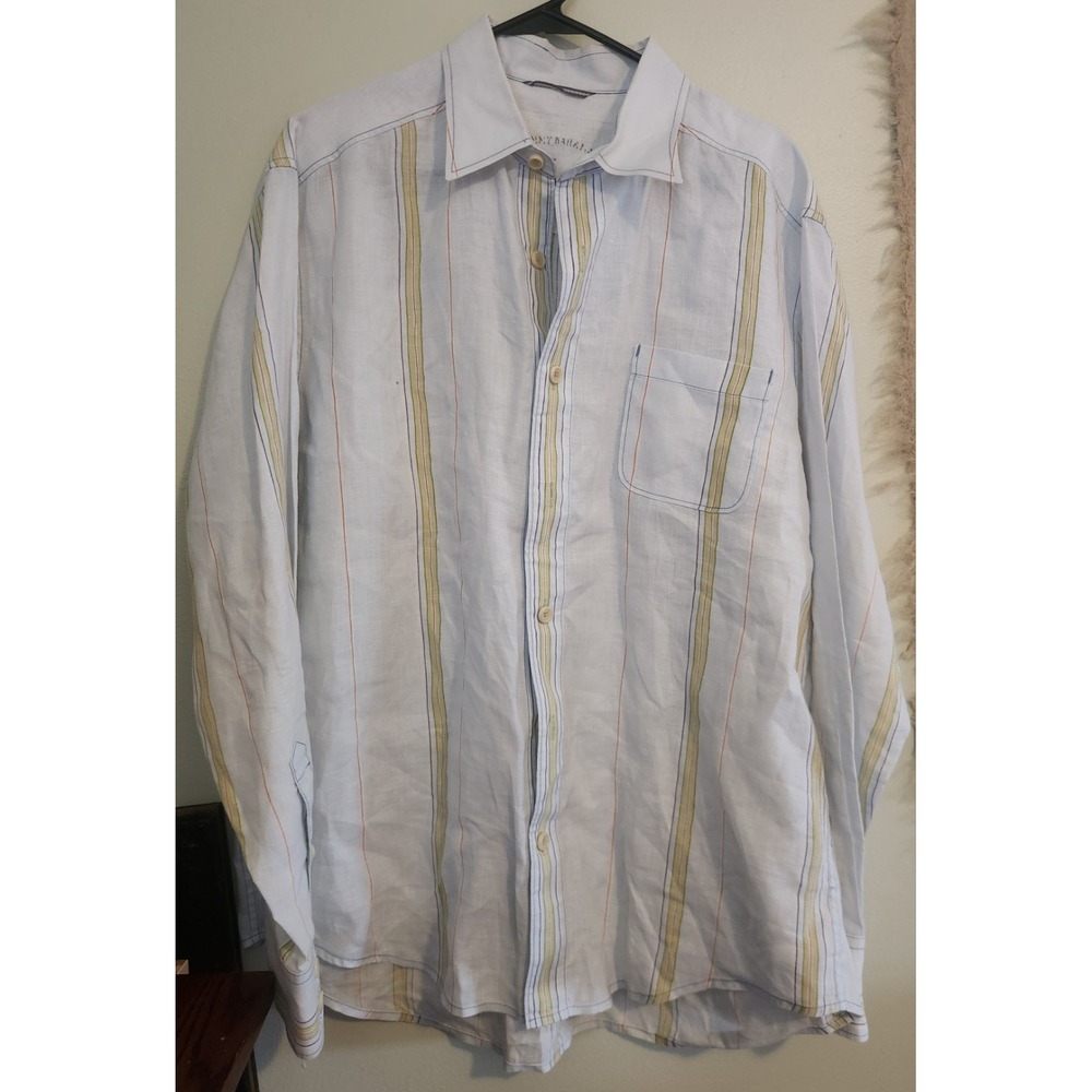 Tommy Bahama long sleeve linen button down Light Blue Tan Striped Medium‎